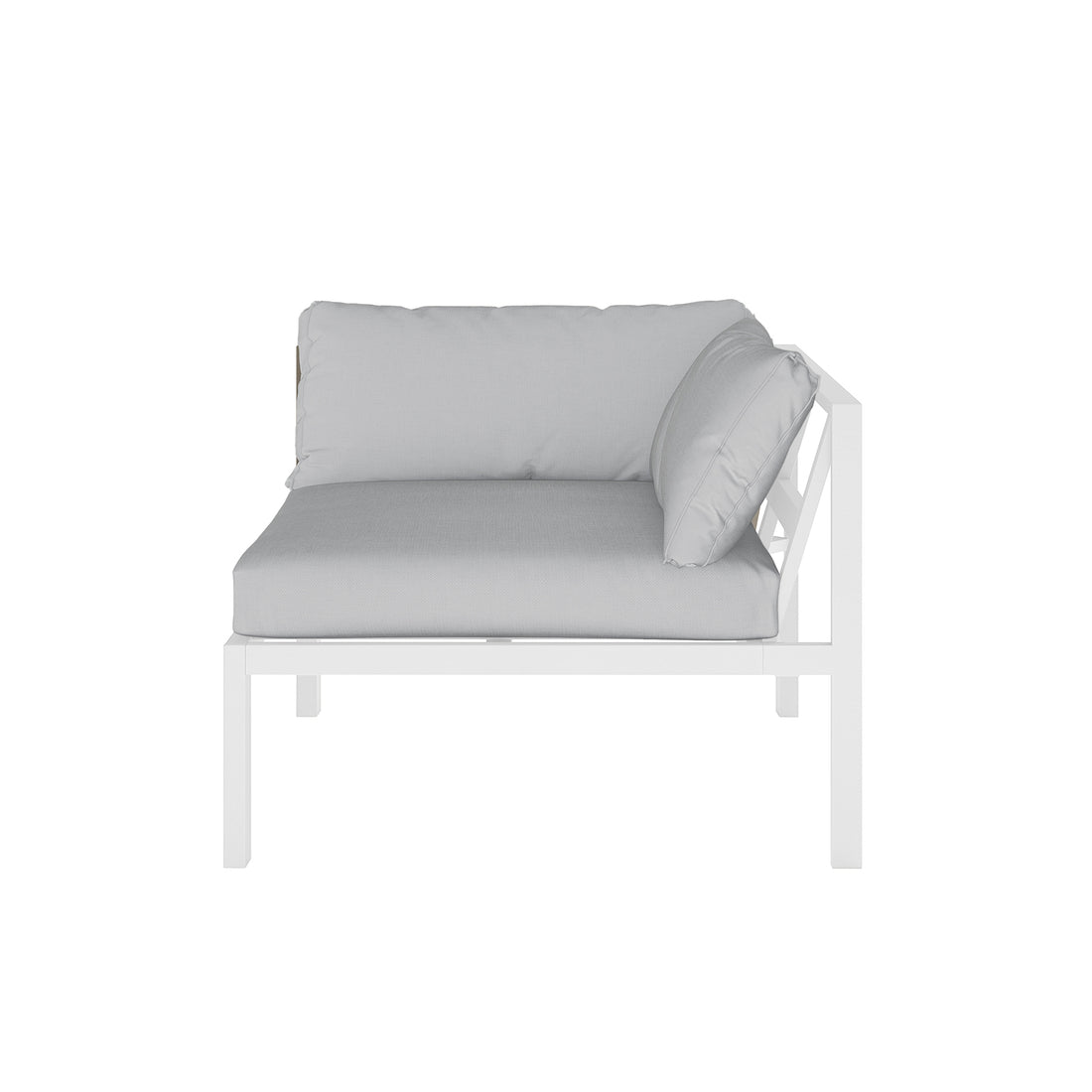 Moana 6 Seater Corner Outdoor Sofa Set in Light Grey, featuring a white, powder-coated metal frame, thick light-gray seat cushion, and matching back and side pillows, designed for modular configuration.