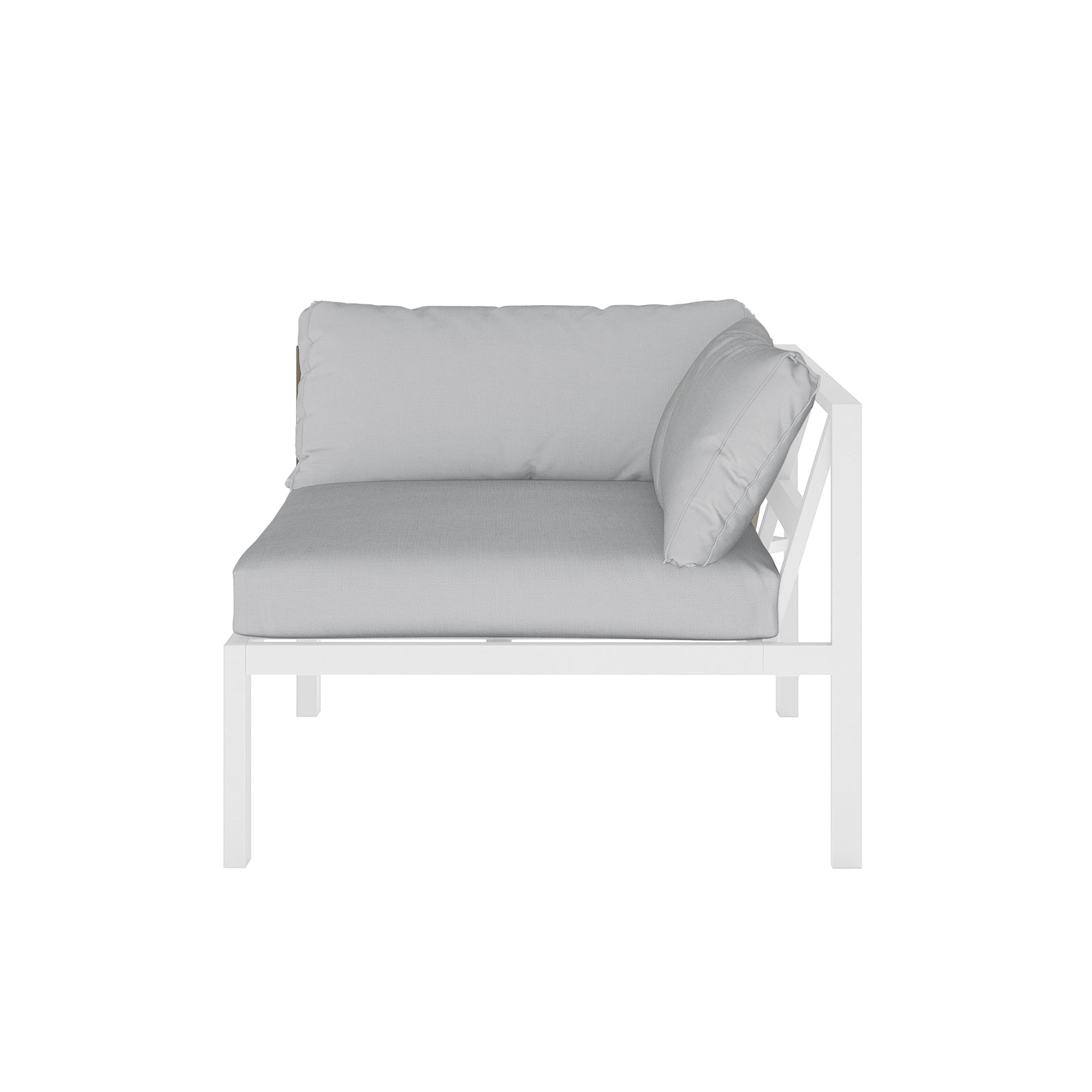 Moana 6 Seater Corner Outdoor Sofa Set in Light Grey, featuring a white, powder-coated metal frame, thick light-gray seat cushion, and matching back and side pillows, designed for modular configuration.