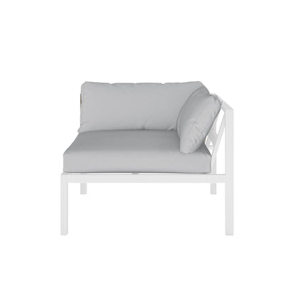 Moana 6 Seater Corner Outdoor Sofa Set in Light Grey, featuring a white, powder-coated metal frame, thick light-gray seat cushion, and matching back and side pillows, designed for modular configuration.