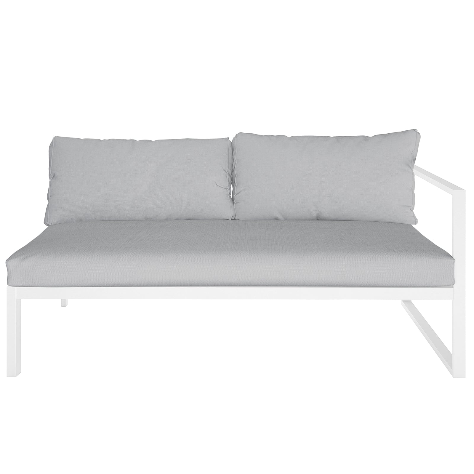 Moana 6 Seater Corner Outdoor Sofa Set in Light Grey features a modern two-seat module with a white metal frame, grey seat cushion, and two back cushions, plus a single armrest on the right.