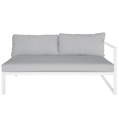 Moana 6 Seater Corner Outdoor Sofa Set in Light Grey features a modern two-seat module with a white metal frame, grey seat cushion, and two back cushions, plus a single armrest on the right.