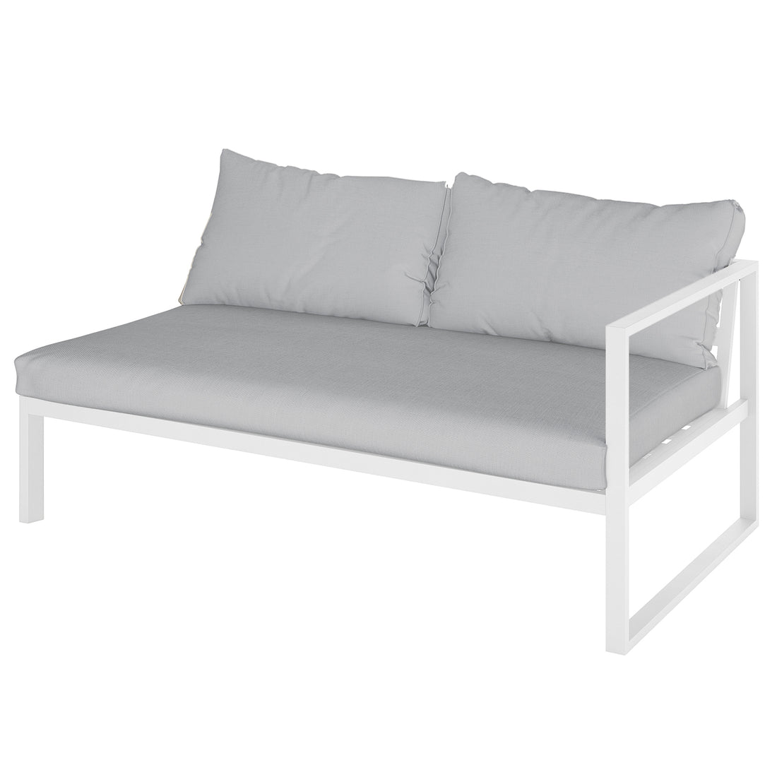 Moana 6 Seater Corner Outdoor Sofa Set in Light Grey features a minimalist two-seat module with a white metal frame, light gray padded seat, and matching backrest cushions highlighting its modern design.