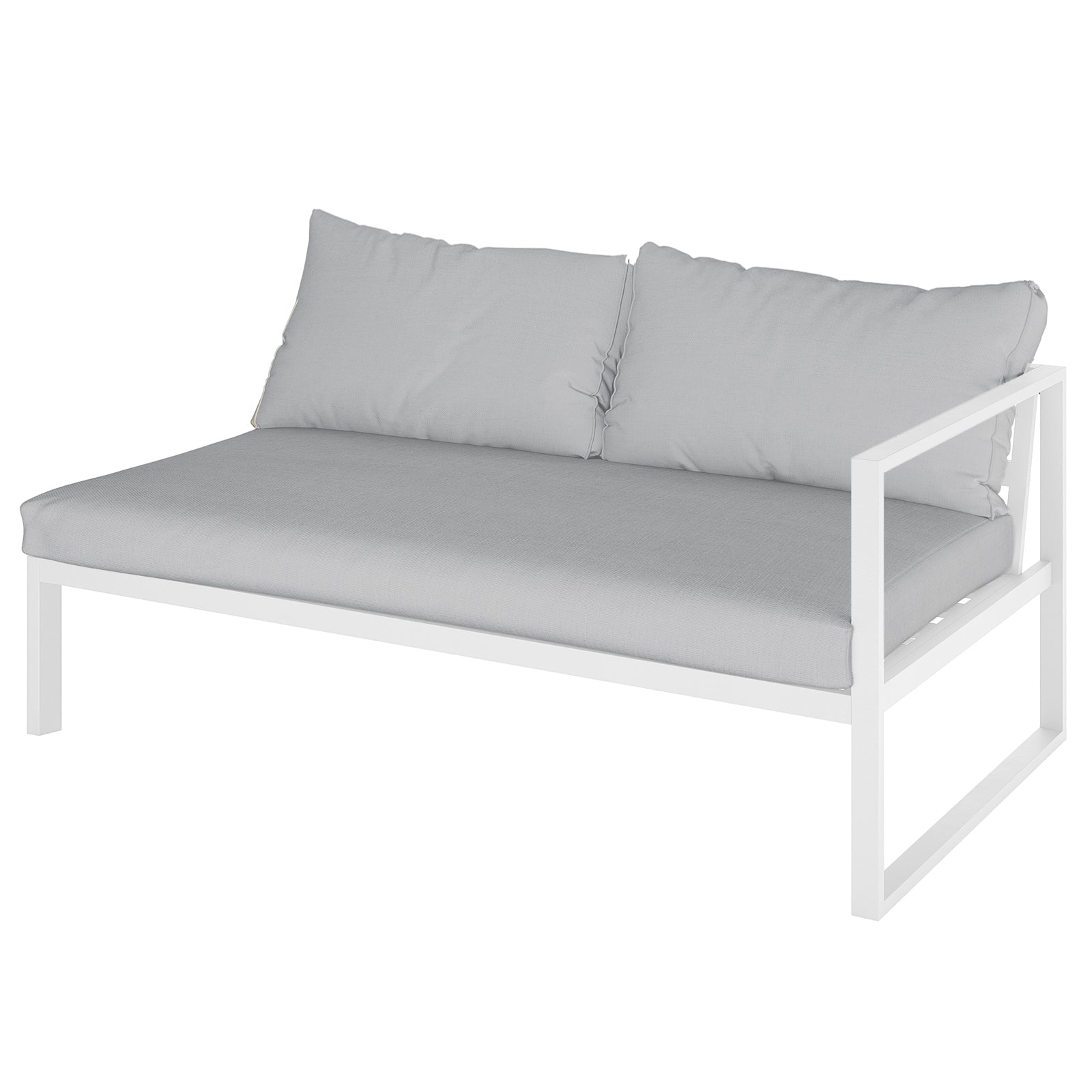 Moana 6 Seater Corner Outdoor Sofa Set in Light Grey features a minimalist two-seat module with a white metal frame, light gray padded seat, and matching backrest cushions highlighting its modern design.