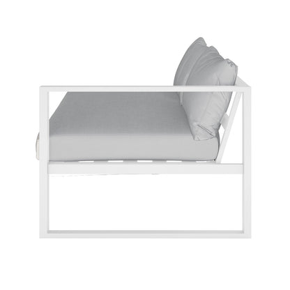 Moana 6 Seater Corner Outdoor Sofa Set in Light Grey features a sleek white metal frame with plush light-gray seat and back cushions, showcasing modern minimalist design for stylish outdoor lounging.