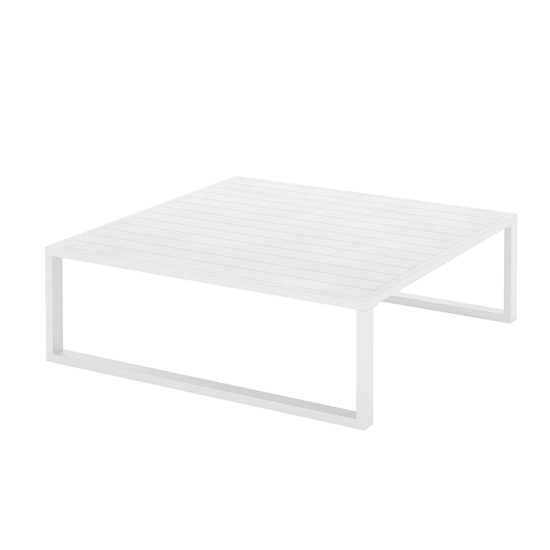 Moana 6-Seater Corner Outdoor Sofa Set in Light Grey features a square white coffee table with a slatted top and U-shaped legs, complementing the modular sofa's sleek, modern design.