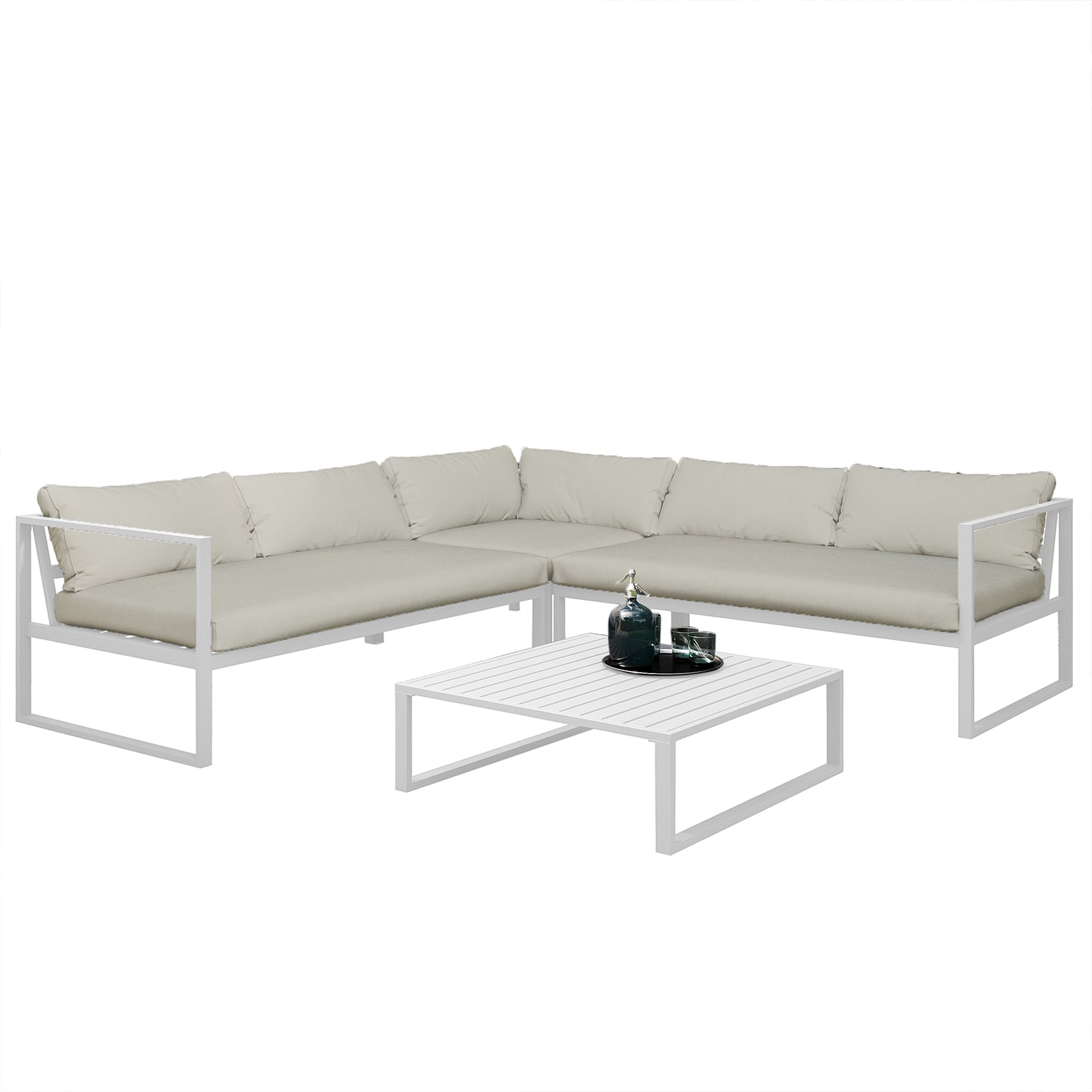 Moana 6 Seater Aluminium Outdoor Corner Sofa Lounge Set Sandy Beige, featuring a spacious L-shaped design with sleek lines, set on a white table with a black tray and glasses beside it.