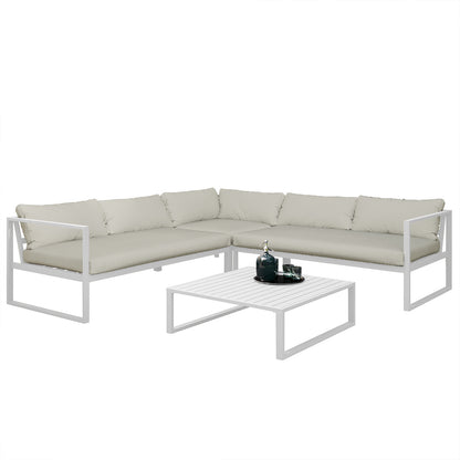 Moana 6 Seater Aluminium Outdoor Corner Sofa Lounge Set Sandy Beige, featuring a spacious L-shaped design with sleek lines, set on a white table with a black tray and glasses beside it.