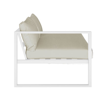 Moana 6 Seater Aluminium Outdoor Corner Sofa Lounge Set Sandy Beige, featuring a sleek metal frame with plush seating, designed for outdoor comfort and style.