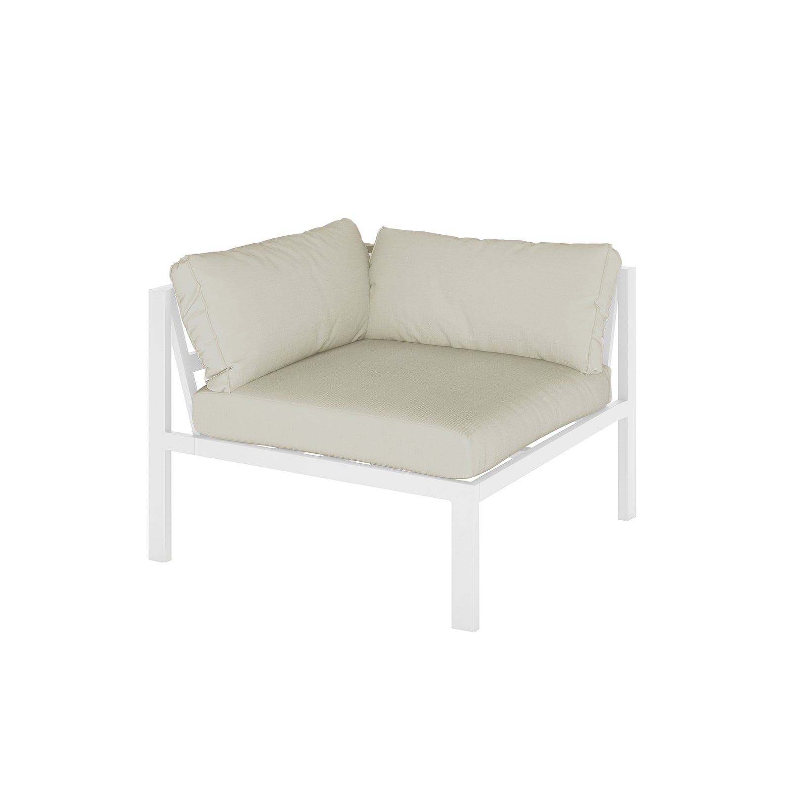 Moana 6 Seater Aluminium Outdoor Corner Sofa Lounge Set Sandy Beige, featuring a white aluminum frame with plush seat cushions on a spacious corner setup, perfect for alfresco relaxation and outdoor gatherings.