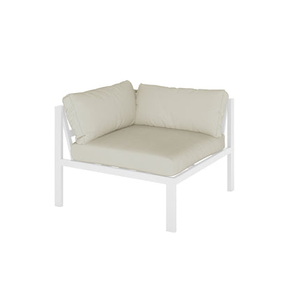 Moana 6 Seater Aluminium Outdoor Corner Sofa Lounge Set Sandy Beige, featuring a white aluminum frame with plush seat cushions on a spacious corner setup, perfect for alfresco relaxation and outdoor gatherings.