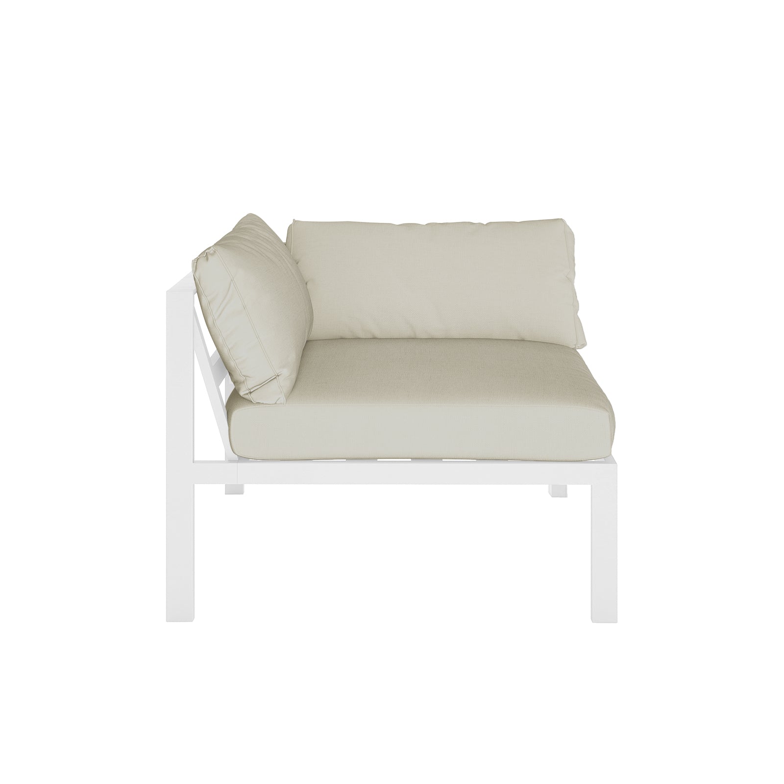 Close-up of the Moana 6-Seater Aluminium Outdoor Corner Sofa Lounge Set, featuring plush cushions on a sleek, white frame, designed for comfortable and stylish outdoor lounging.