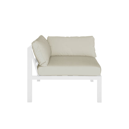 Close-up of the Moana 6-Seater Aluminium Outdoor Corner Sofa Lounge Set, featuring plush cushions on a sleek, white frame, designed for comfortable and stylish outdoor lounging.