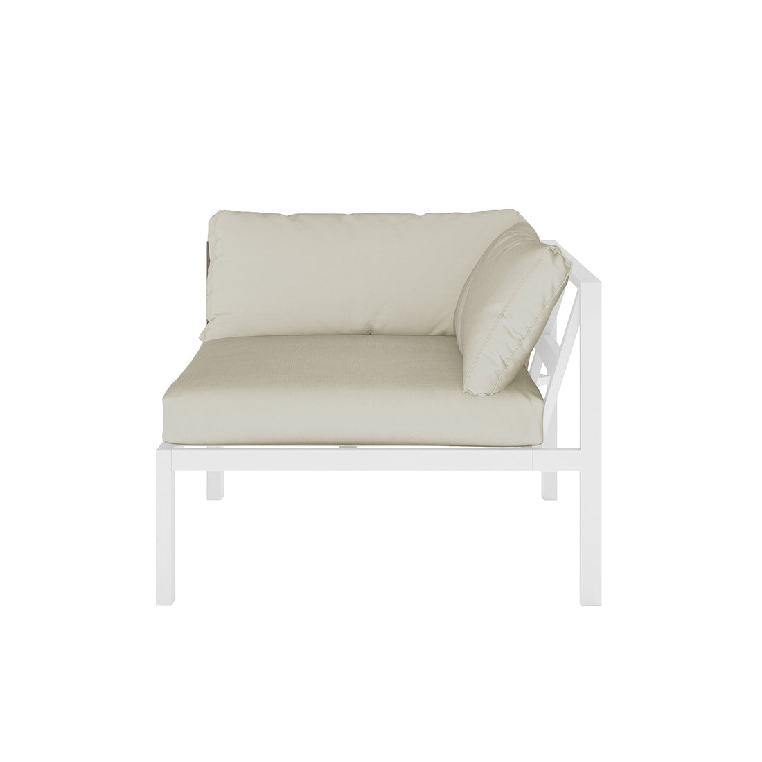 Close-up of the Moana 6 Seater Aluminium Outdoor Corner Sofa Lounge Set Sandy Beige, highlighting the plush cushions and sleek armrests, showcasing its inviting design for outdoor comfort and relaxation.