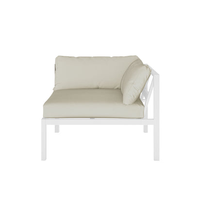 Close-up of the Moana 6 Seater Aluminium Outdoor Corner Sofa Lounge Set Sandy Beige, highlighting the plush cushions and sleek armrests, showcasing its inviting design for outdoor comfort and relaxation.