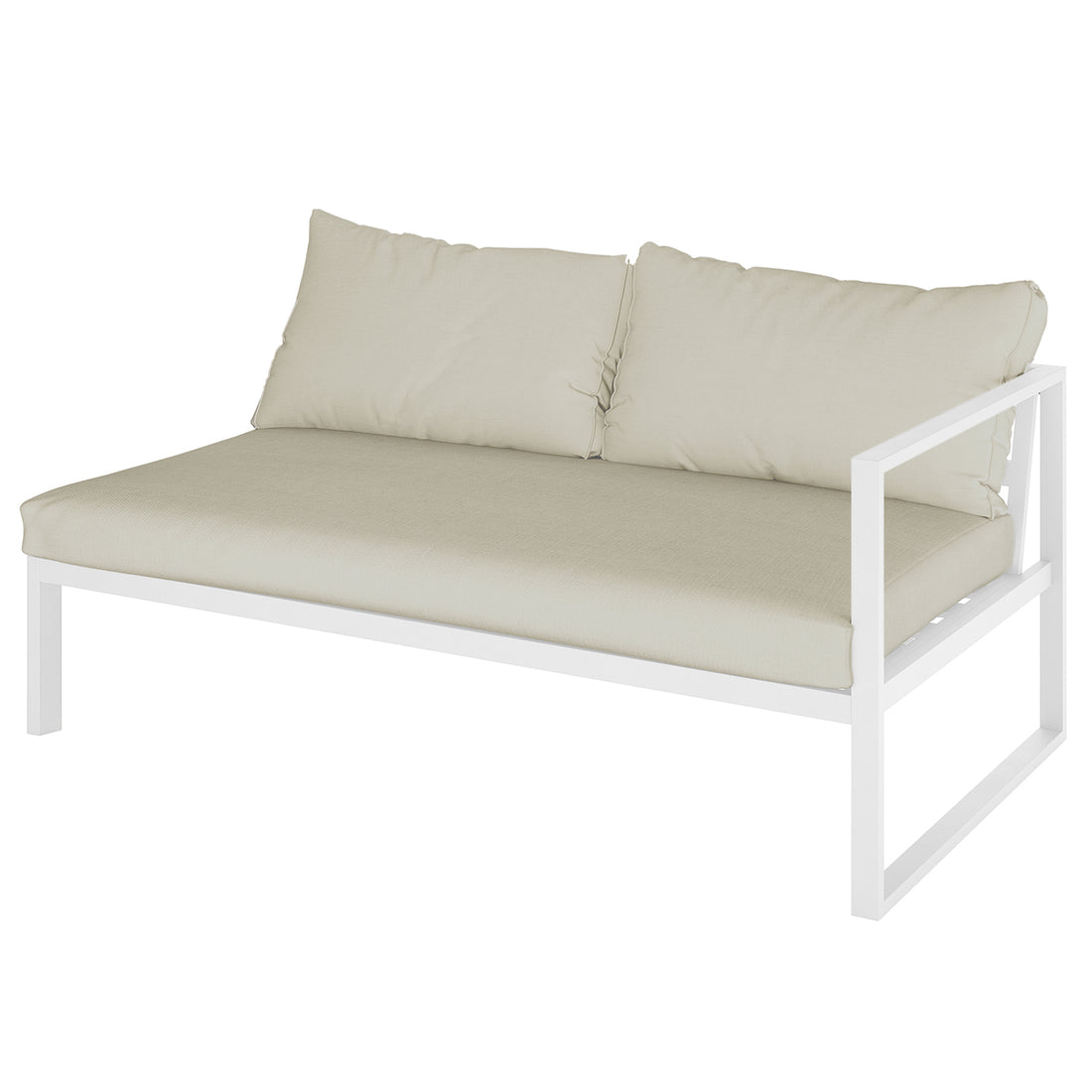 Moana 6 Seater Aluminium Outdoor Corner Sofa Lounge Set Sandy Beige featuring a sleek, white aluminum frame with plush cushions, elegantly arranged on a patio, enhancing outdoor comfort and functionality.