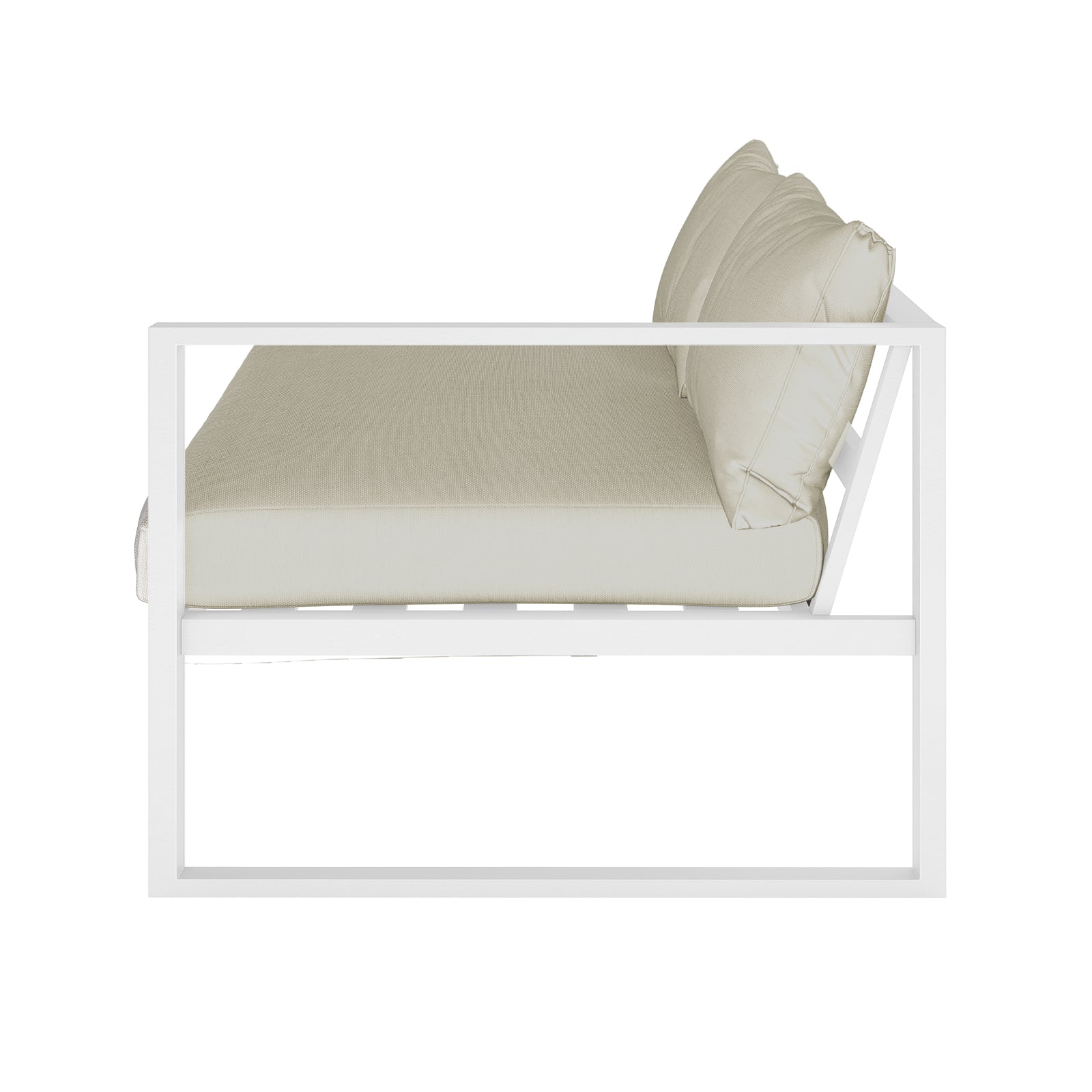 Moana 6 Seater Aluminium Outdoor Corner Sofa Lounge Set featuring plush cushions on an aluminium frame, showcasing a close-up of the fabric and structure, highlighting its inviting and functional design.