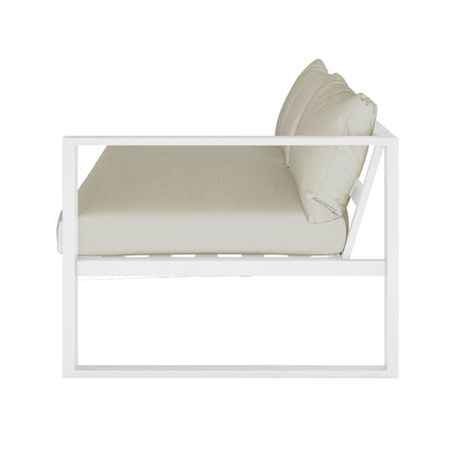 Moana 6 Seater Aluminium Outdoor Corner Sofa Lounge Set featuring plush cushions on an aluminium frame, showcasing a close-up of the fabric and structure, highlighting its inviting and functional design.