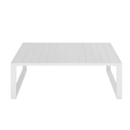 Moana 6 Seater Aluminium Outdoor Corner Sofa Lounge Set Sandy Beige with a white coffee table, featuring a sleek, powder-coated aluminium frame and plush cushions, ideal for outdoor relaxation and gatherings.