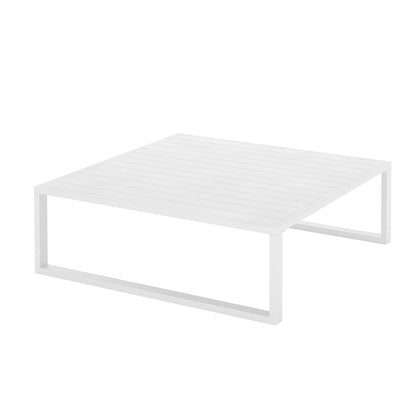 Moana 6 Seater Aluminium Outdoor Corner Sofa Lounge Set Sandy Beige featuring a white square table with metal legs, designed for comfortable outdoor seating and enhancing patio aesthetics.