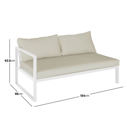 Close-up of Moana 6 Seater Aluminium Outdoor Corner Sofa Lounge Set Sandy Beige, highlighting its plush cushions on a sleek aluminium frame, perfect for enhancing outdoor comfort and style.