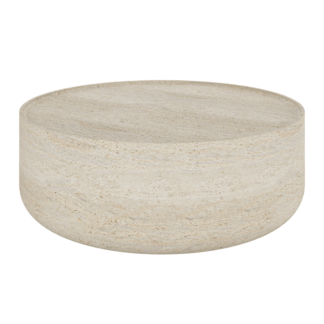 Myrtle 80cm Outdoor Concrete Coffee Table in Beige, featuring a drum-shaped design with a textured, light stone finish, ideal for both indoor and covered outdoor spaces.