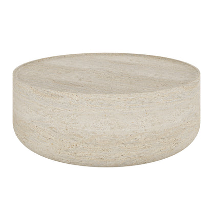 Myrtle 80cm Outdoor Concrete Coffee Table in Beige, featuring a drum-shaped design with a textured, light stone finish, ideal for both indoor and covered outdoor spaces.