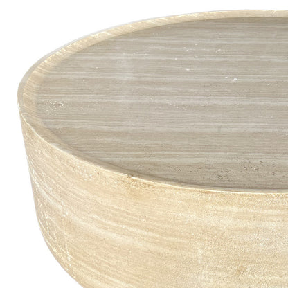 Myrtle 80cm Outdoor Concrete Coffee Table in Beige, featuring a simple, cylindrical design with a flat, slightly recessed top and smooth, subtly striated sides, ideal for indoor or covered outdoor settings.