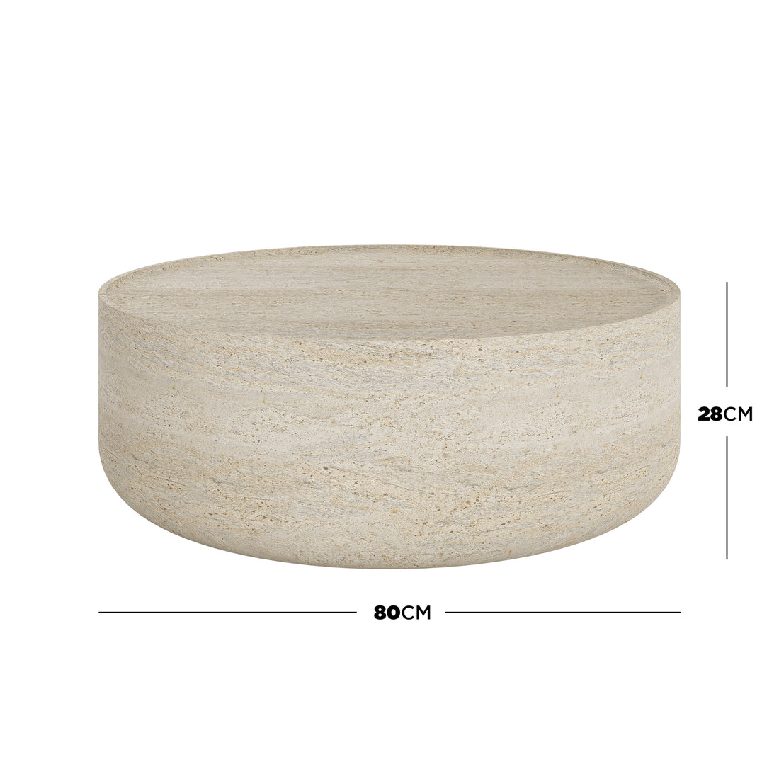 Myrtle 80cm Outdoor Concrete Coffee Table in Beige, a low circular table carved from travertine-like stone, 80cm diameter and 28cm tall, designed for indoor and outdoor use.