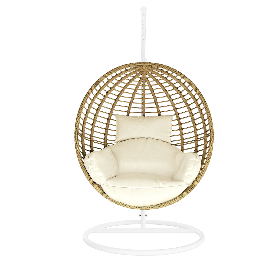 Napili Outdoor Rattan Egg Chair with Cushion in Cream White features a woven rattan shell suspended on a white metal frame, with thick off-white cushions for seating comfort.