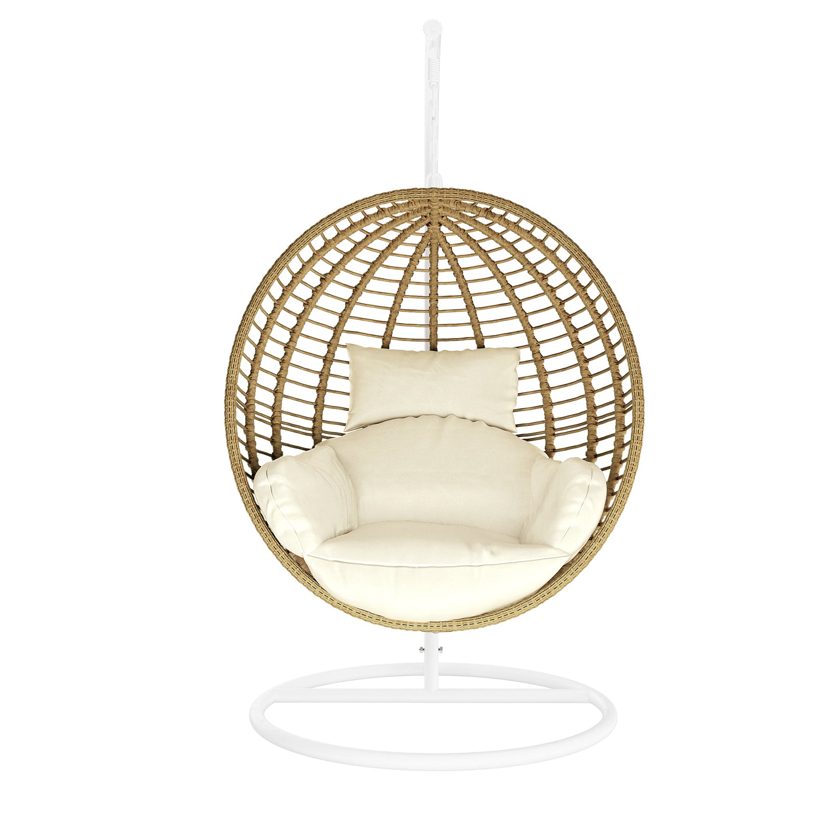 Napili Outdoor Rattan Egg Chair with Cushion in Cream White features a woven rattan shell suspended on a white metal frame, with thick off-white cushions for seating comfort.