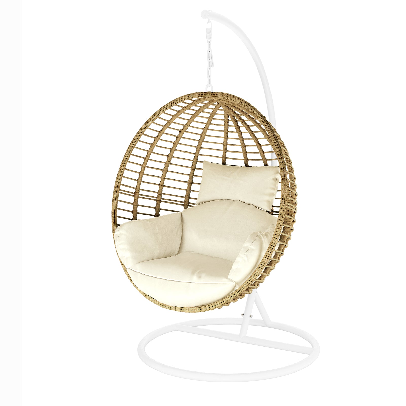 Napili Outdoor Rattan Egg Chair with Cushion in Cream White, featuring a woven rattan shell on a white metal stand, with plush cushions, perfect for relaxing indoors or outdoors.