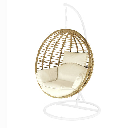 Napili Outdoor Rattan Egg Chair with Cushion in Cream White, featuring a woven rattan shell on a white metal stand, with plush cushions, perfect for relaxing indoors or outdoors.