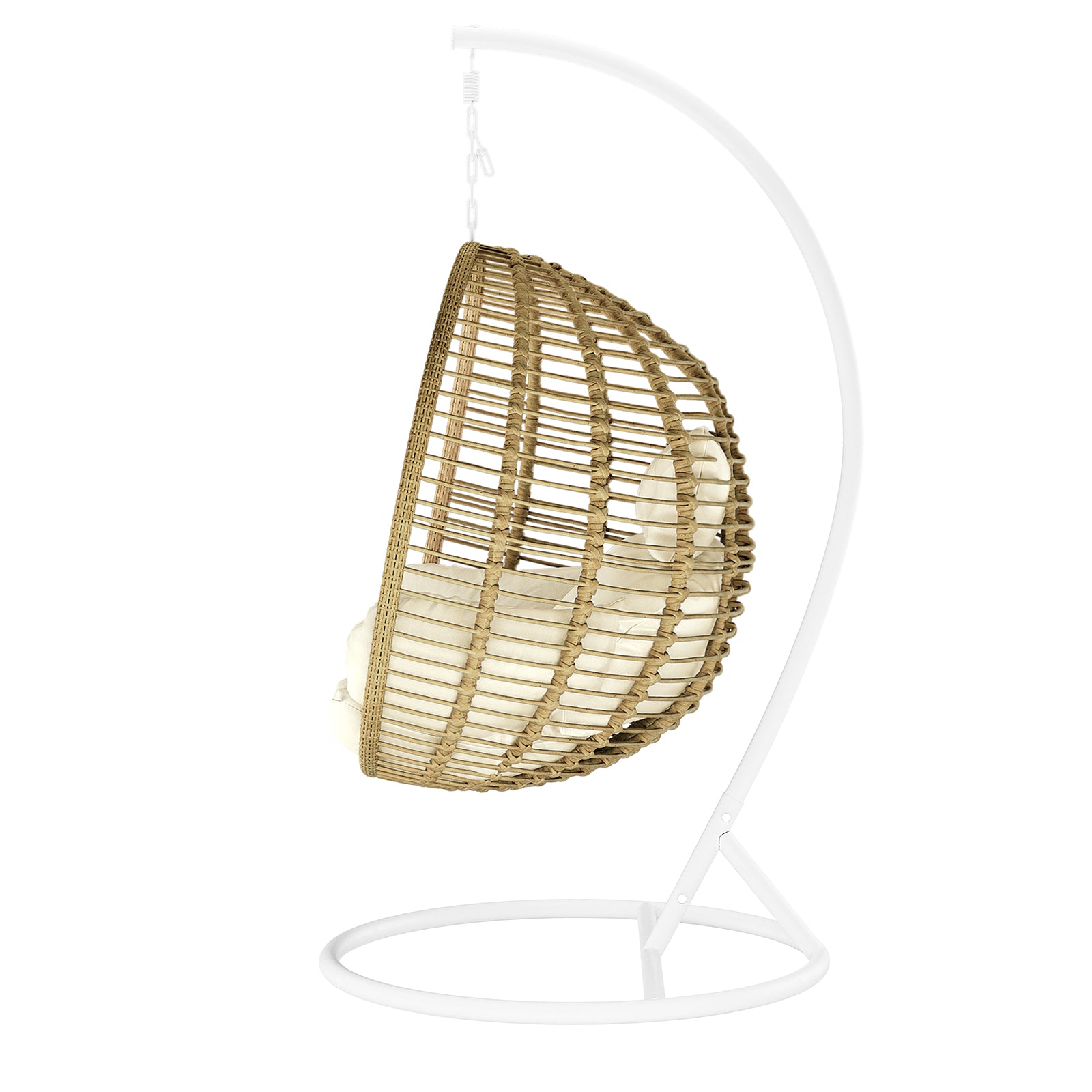 Napili Outdoor Rattan Egg Chair with Cushion in Cream White, featuring a woven rattan design. It hangs from a curved metal frame with a round base, providing a cozy, suspended seating experience.
