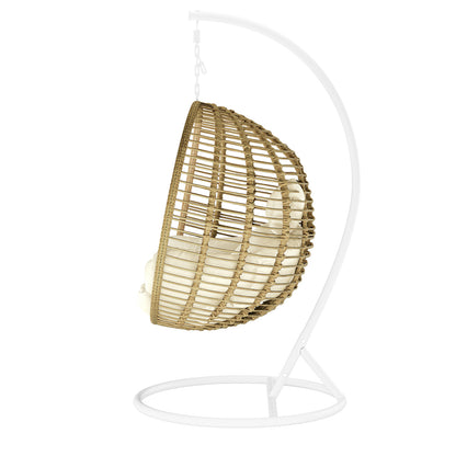 Napili Outdoor Rattan Egg Chair with Cushion in Cream White, featuring a woven rattan design. It hangs from a curved metal frame with a round base, providing a cozy, suspended seating experience.