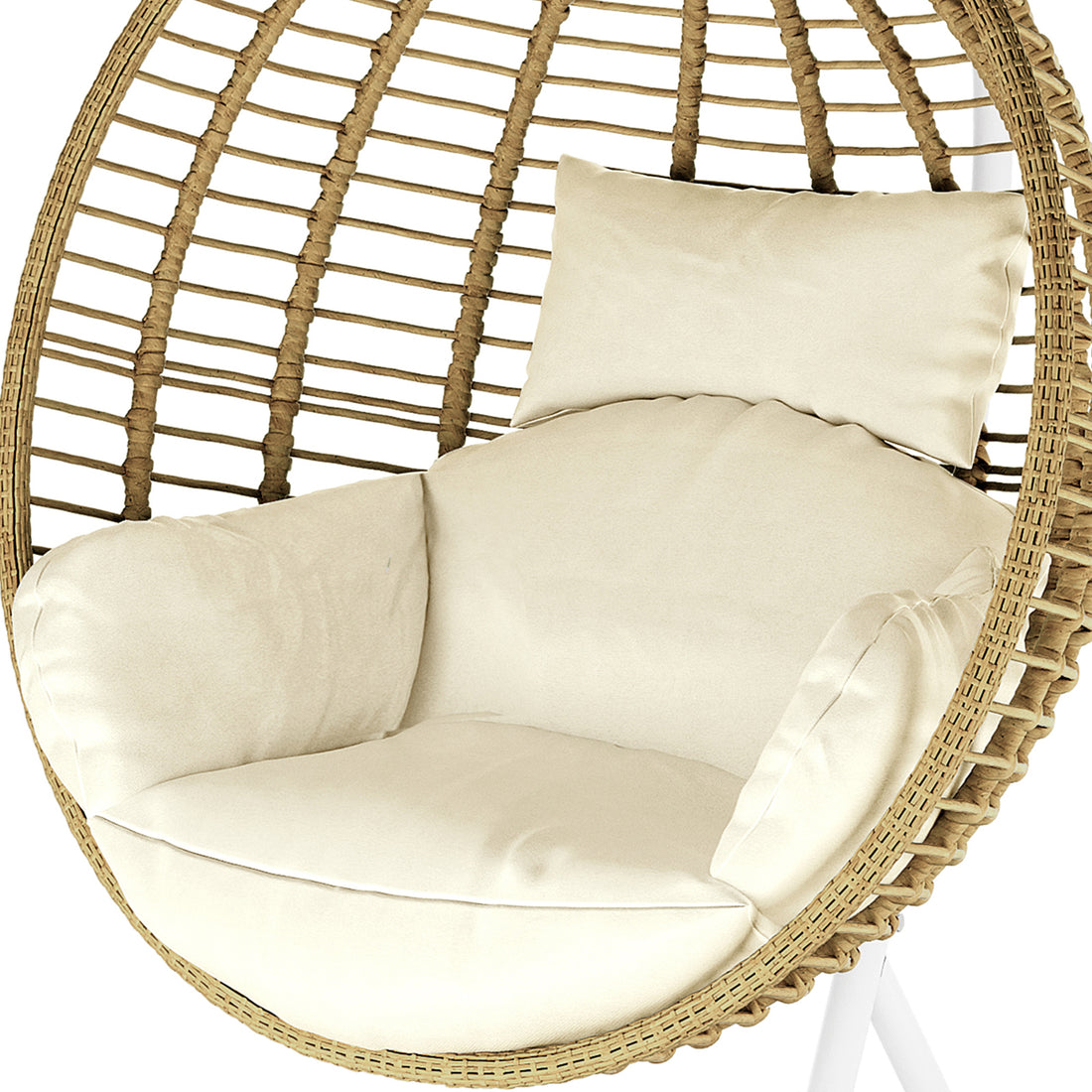 Napili Outdoor Rattan Egg Chair with Cushion in Cream White, featuring a woven egg-shaped design suspended from a stand, with plush seat and back cushions for ultimate comfort.