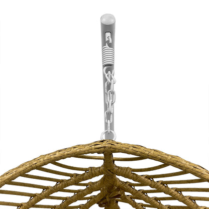 Napili Outdoor Rattan Egg Chair with Cushion, showing the top section with a white powder-coated bracket, coiled spring, chain, and metal ring connecting to the woven frame.