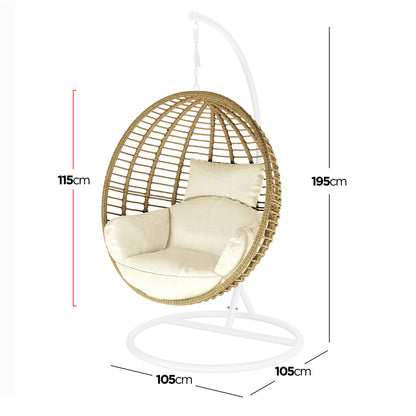 Napili Outdoor Rattan Egg Chair with Cushion in Cream White, featuring a woven rattan design on a white metal frame, complete with thick seat cushion and small back pillow.