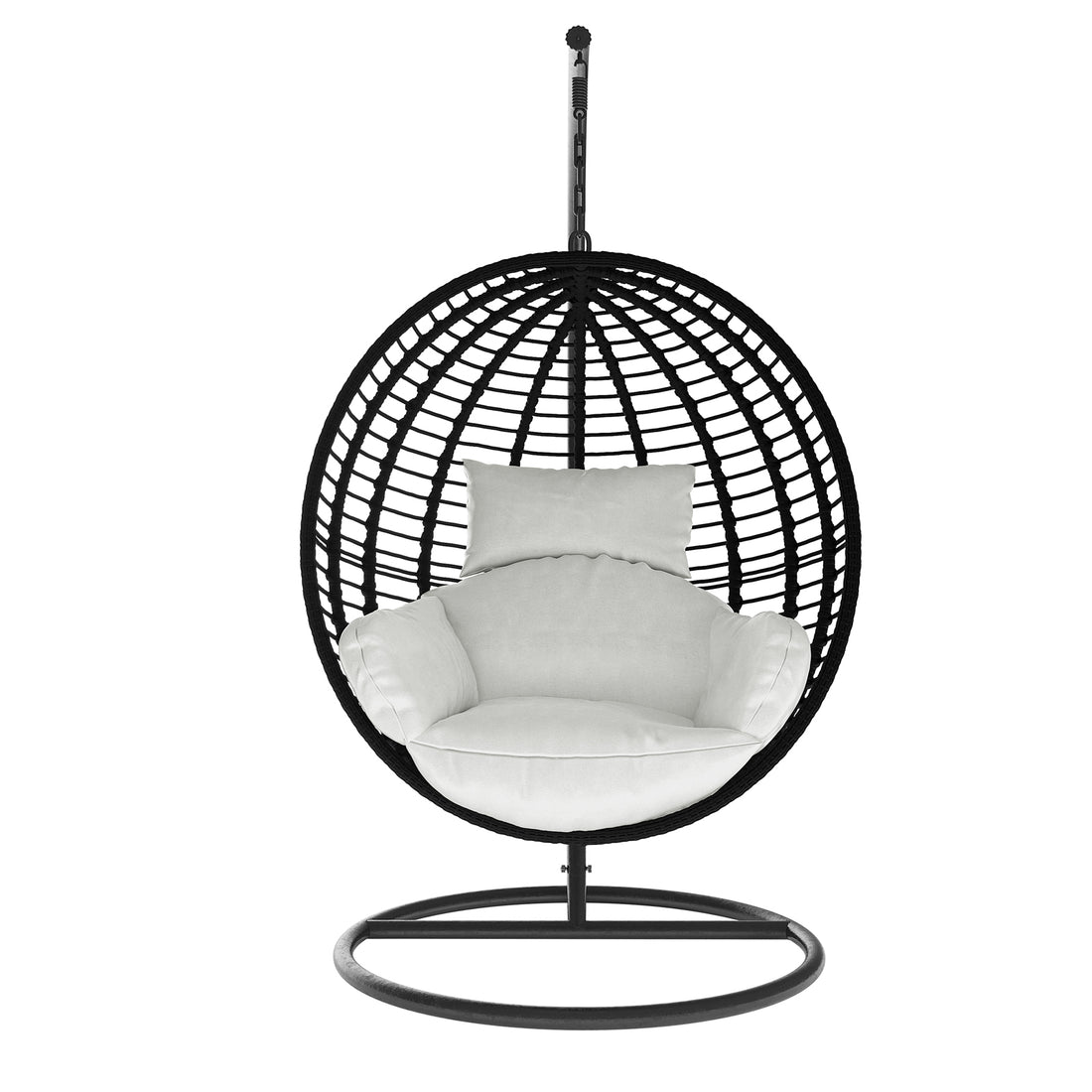 Napili Outdoor Rattan Egg Chair with Cushion in Light Grey, featuring a freestanding metal base, suspended woven egg-shaped basket, and plush white cushion for a cozy, hammock-style seating experience.