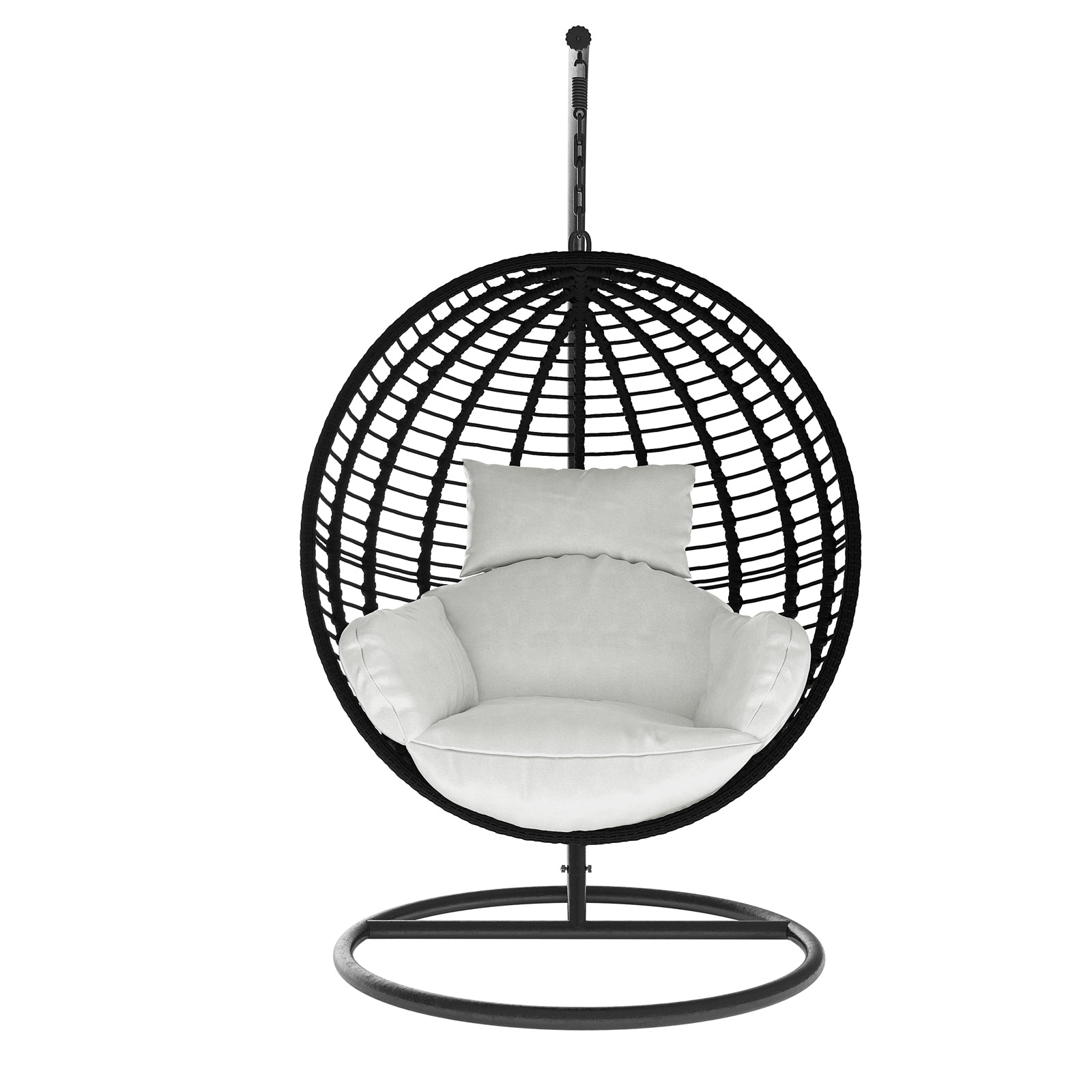 Napili Outdoor Rattan Egg Chair with Cushion in Light Grey, featuring a freestanding metal base, suspended woven egg-shaped basket, and plush white cushion for a cozy, hammock-style seating experience.