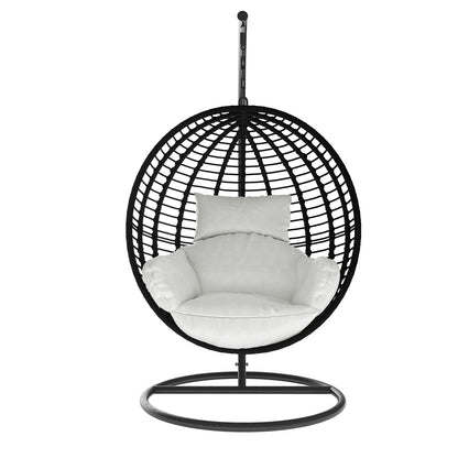Napili Outdoor Rattan Egg Chair with Cushion in Light Grey, featuring a freestanding metal base, suspended woven egg-shaped basket, and plush white cushion for a cozy, hammock-style seating experience.