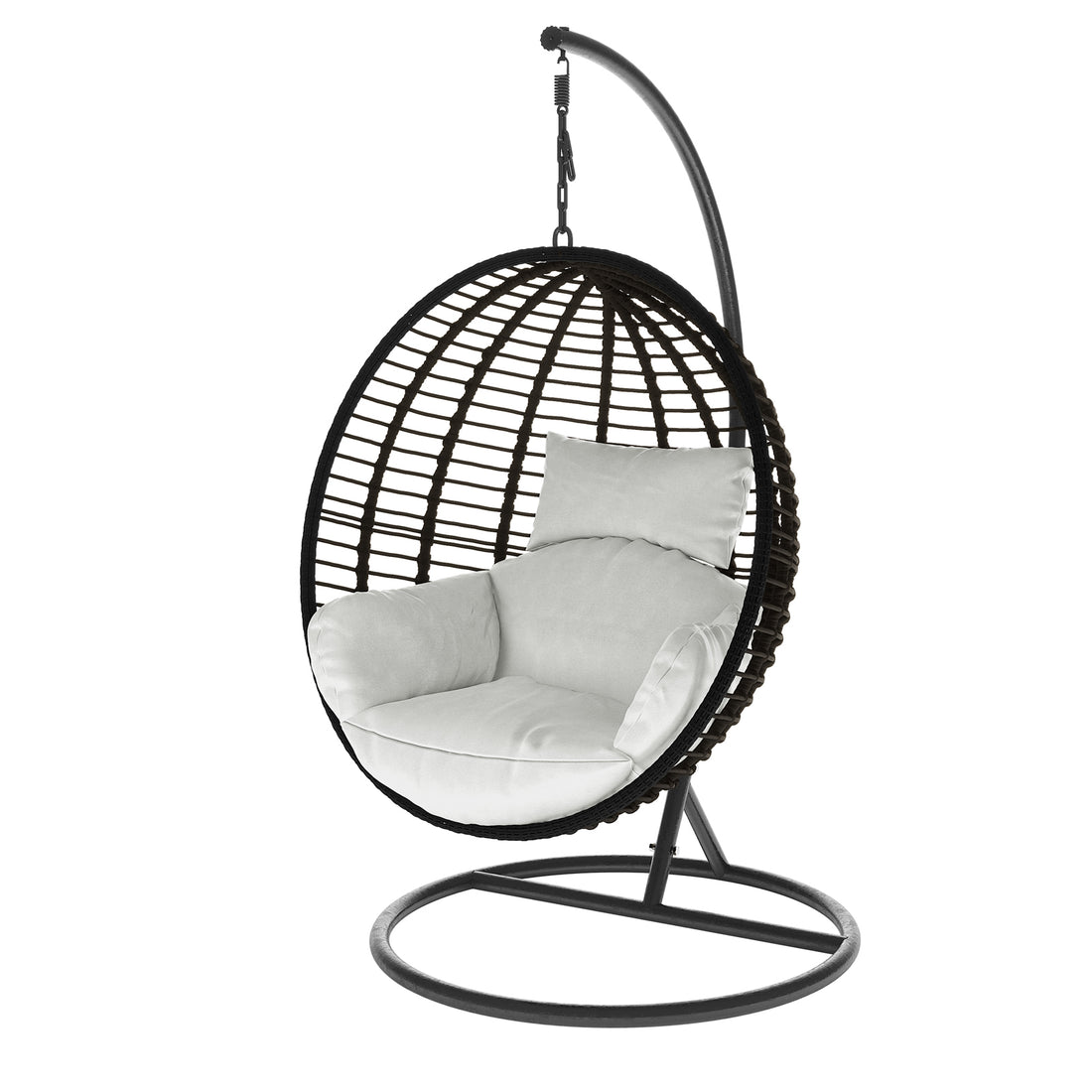 Napili Outdoor Rattan Egg Chair with Cushion in Light Grey, features a metal frame with an arched post, suspending a woven oval seat by a chain, and includes a thick cushion for comfort.