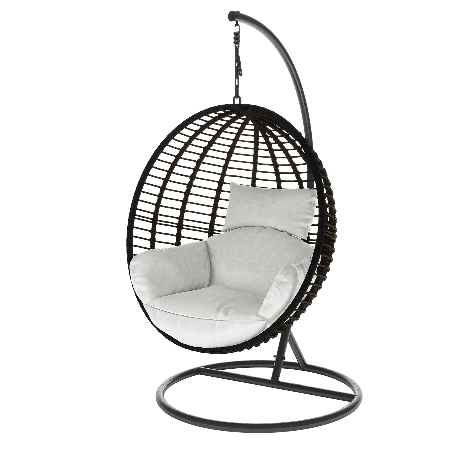 Napili Outdoor Rattan Egg Chair with Cushion in Light Grey, features a metal frame with an arched post, suspending a woven oval seat by a chain, and includes a thick cushion for comfort.
