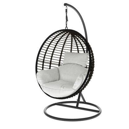 Napili Outdoor Rattan Egg Chair with Cushion in Light Grey, features a metal frame with an arched post, suspending a woven oval seat by a chain, and includes a thick cushion for comfort.