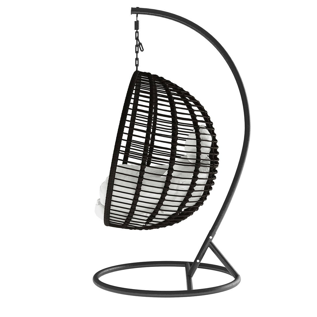 Napili Outdoor Rattan Egg Chair with Cushion in Light Grey features a suspended woven egg-shaped seat on a curved metal stand, complete with a plush white cushion for ultimate outdoor relaxation.