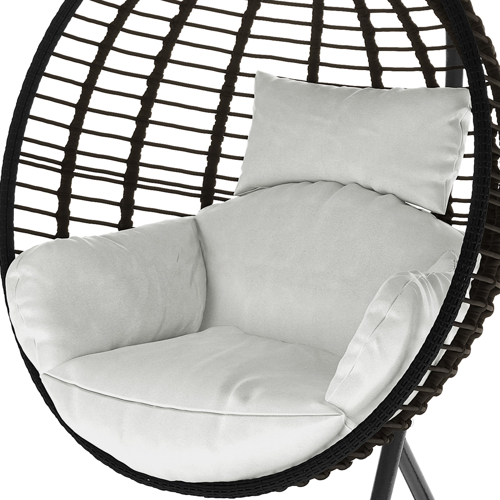 Napili Outdoor Rattan Egg Chair with Cushion in Light Grey, featuring a woven wicker frame, thick seat cushion, arm pads, and head pillow, perfect for hanging indoors or on a covered patio.