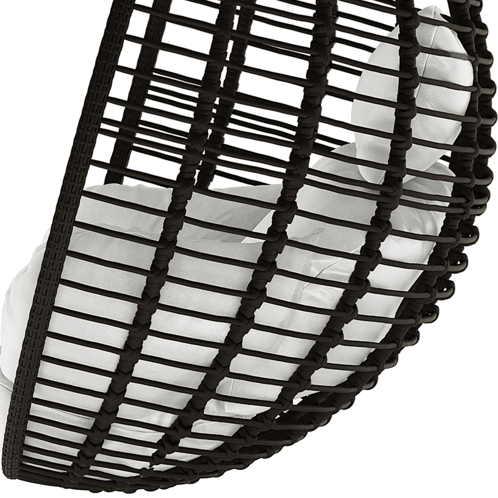 Napili Outdoor Rattan Egg Chair with Cushion in Light Grey, featuring a dark woven rattan frame and white cushions, designed for comfort and style, presented against a clean, white background.