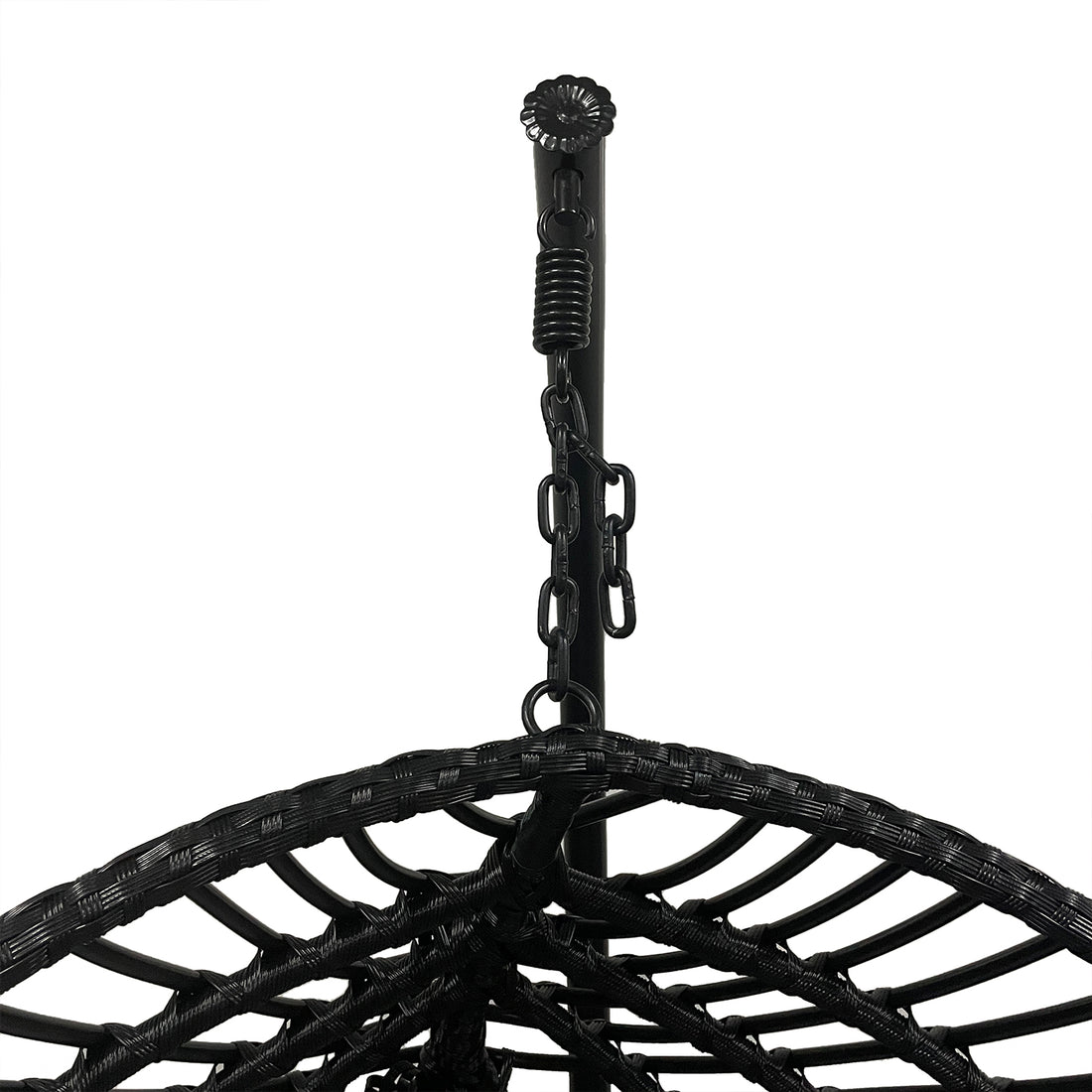 Napili Outdoor Rattan Egg Chair with Cushion in Light Grey, showcasing its hanging design with black metal suspension hardware, coiled spring, and chain, emphasizing the woven rattan-style frame's elegance.