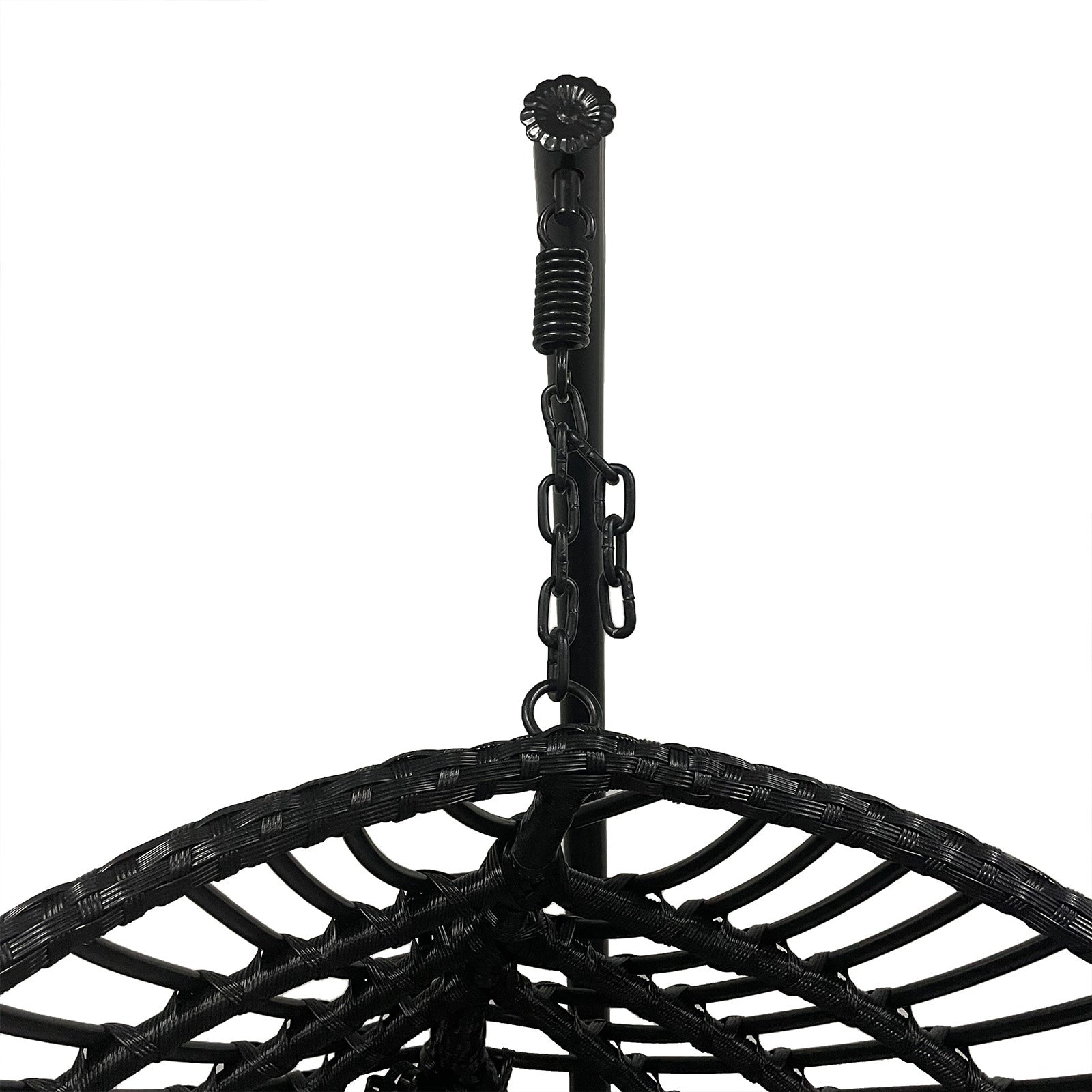 Napili Outdoor Rattan Egg Chair with Cushion in Light Grey, showcasing its hanging design with black metal suspension hardware, coiled spring, and chain, emphasizing the woven rattan-style frame's elegance.