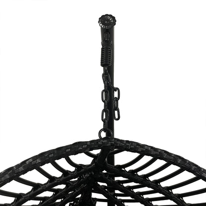 Napili Outdoor Rattan Egg Chair with Cushion in Light Grey, showcasing its hanging design with black metal suspension hardware, coiled spring, and chain, emphasizing the woven rattan-style frame's elegance.