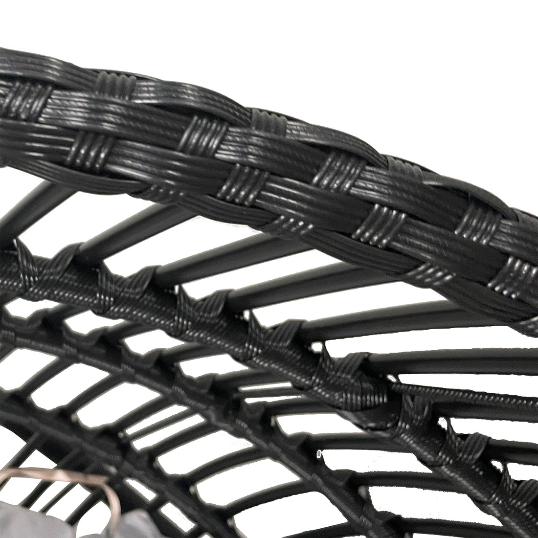 Close-up of Napili Outdoor Rattan Egg Chair with Cushion in Light Grey, showcasing black synthetic wicker strands intricately woven around a tubular metal frame, highlighting its durable and stylish construction.